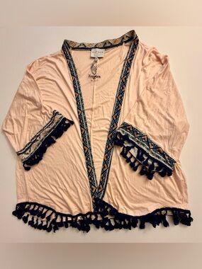 Hayden LA Boho Kimono Cardigan Peach Tassel Fringe Aztec Trim M/L